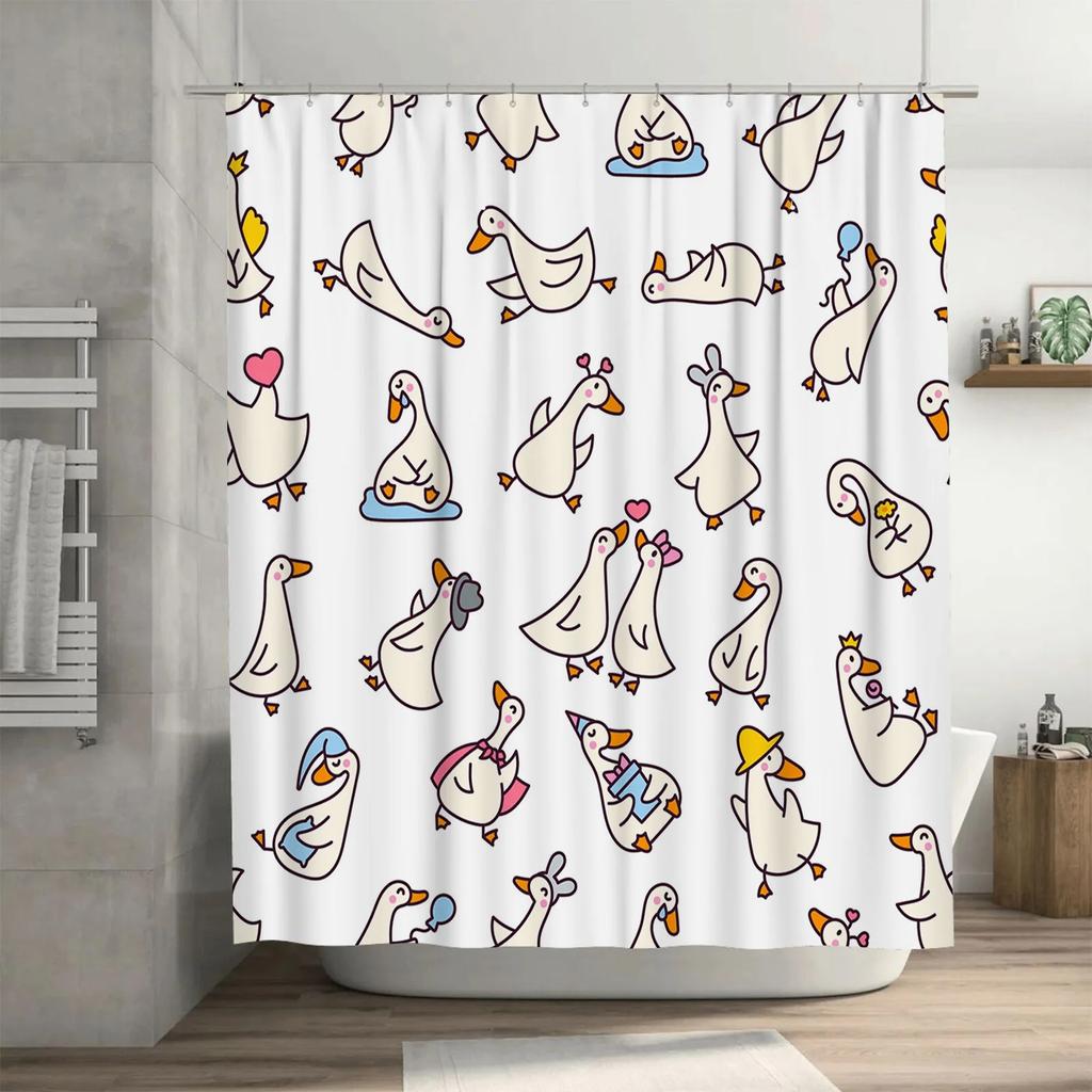 Vibrant Duck Family Cartoon Shower Curtain for Bathroom Decor White and Multicolored Design with Hook Rings Set included.