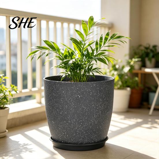 Durable Resin Planters for Garden Modern Plant Pot with Saucer, Gray Flower Functional Living Room Drainage Holes, Stone-Look Planter Indoor