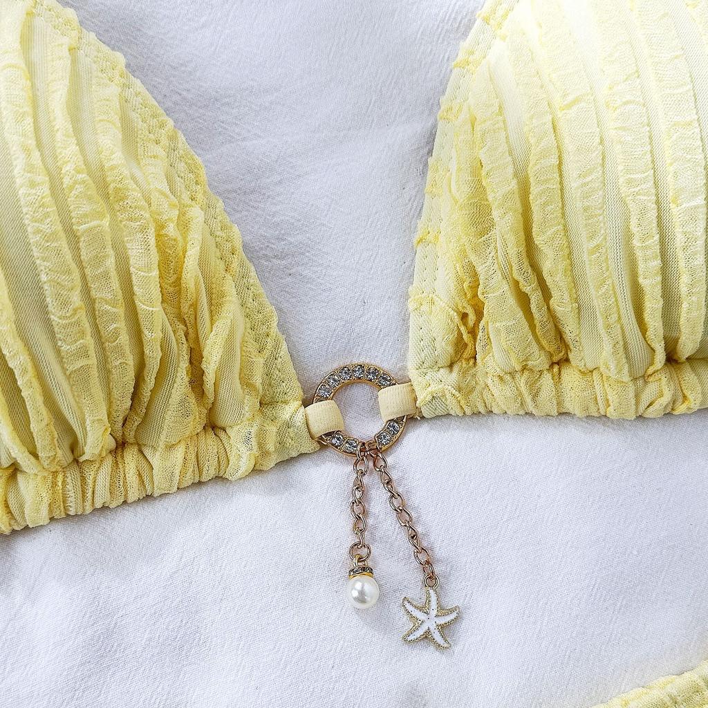 Women's Ribbed Triangle Bikini Set with Gold Chain Detail Halter Tie Side High Cut Cheeky Solid Color Summer Beach Swimwear