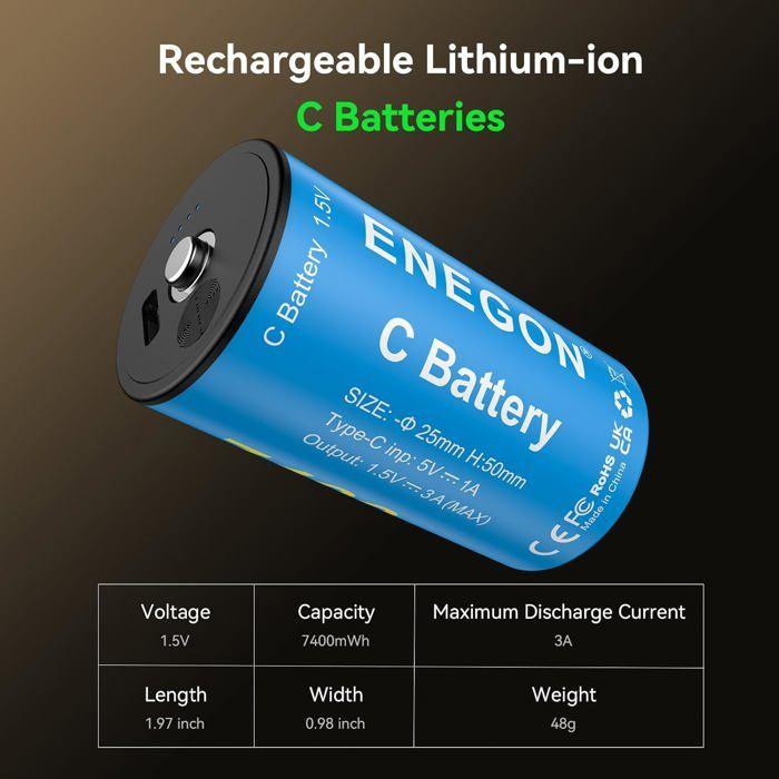 ENEGON Lot de 4 Piles Rechargeables C/LR14 7400 mWh avec LED Tactile &amp; USB-C pour Radios, Jouets, Éclairage d'Urgence
