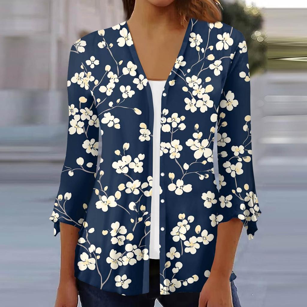 Women's Fashion Loose Casual Printed Seven-Part Sleeve Button Down Blouse Cardigan Top