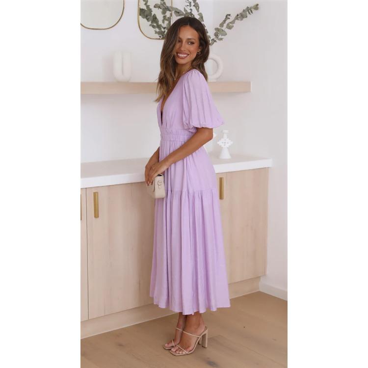 Women V Neck Puff Sleeve Tiered Maxi Dress with Waist Gathering Solid Color