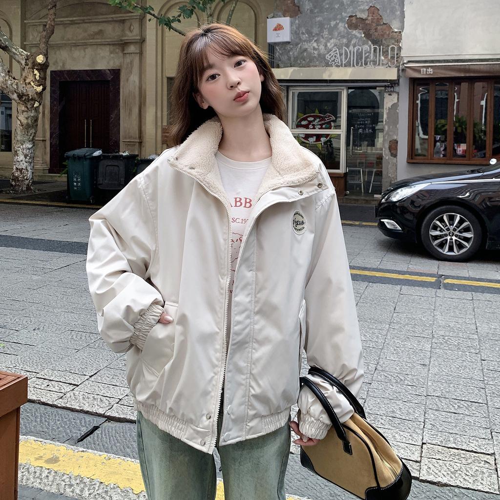 College lazy wind stand-up collar jacket cotton-padded clothes for women's autumn and winter new loose and thin velvet thickened warm jacket
