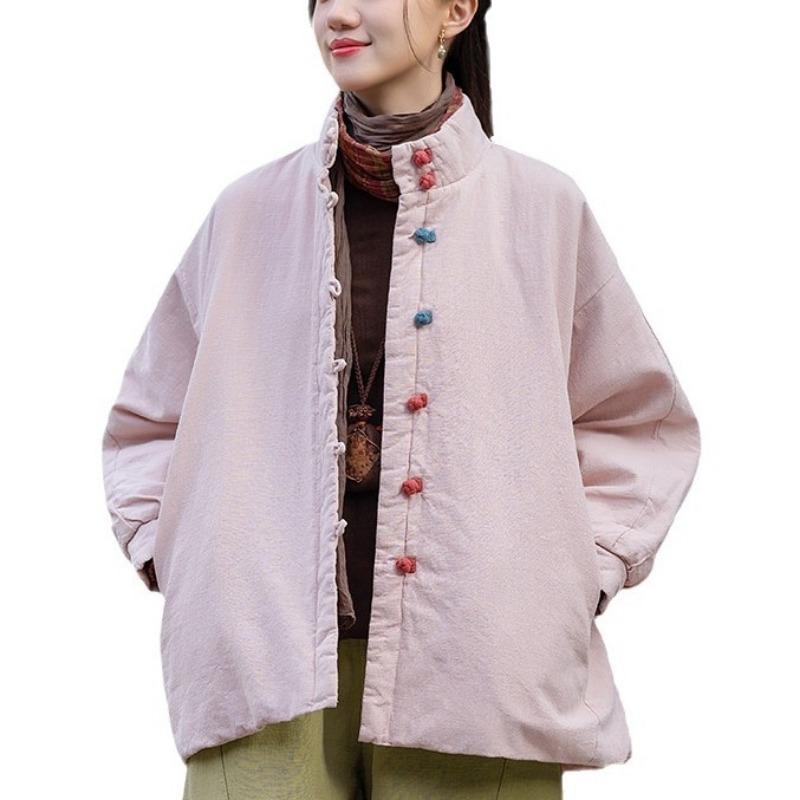 25 Winter cotton and linen women's clothing new temperament versatile literary ramie cotton clothes buckle short cotton clothes