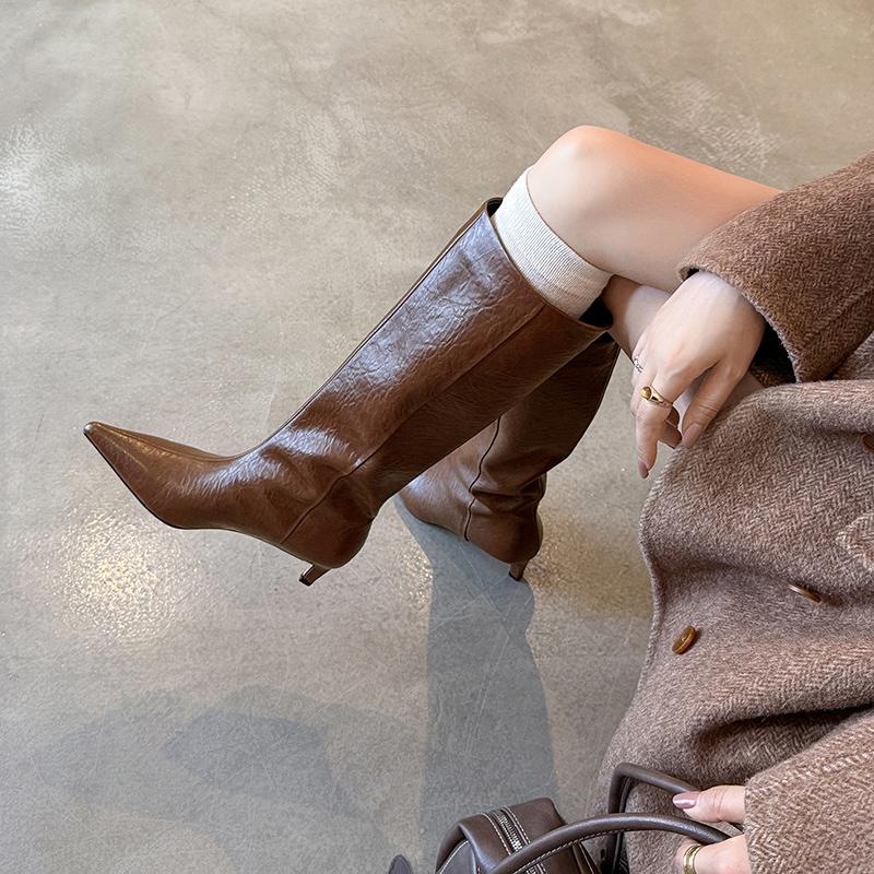 Fashion 2025 Autumn Women Boots Split Leather Women Shoes Pointed Toe Chunky Heel Slip-on Knee High Boots Western Modern Ladies Boots