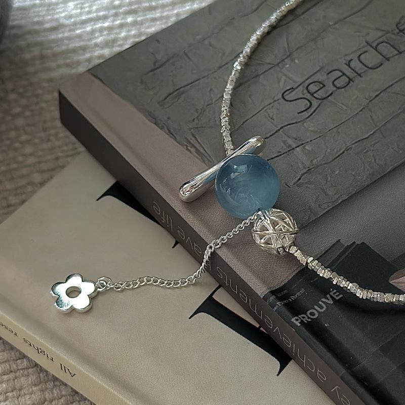 S925 Sterling Silver Niche Design Sense Clear Aquamarine Simple Collarbone Chain Korean Style Retro Flower Necklace 925 silver