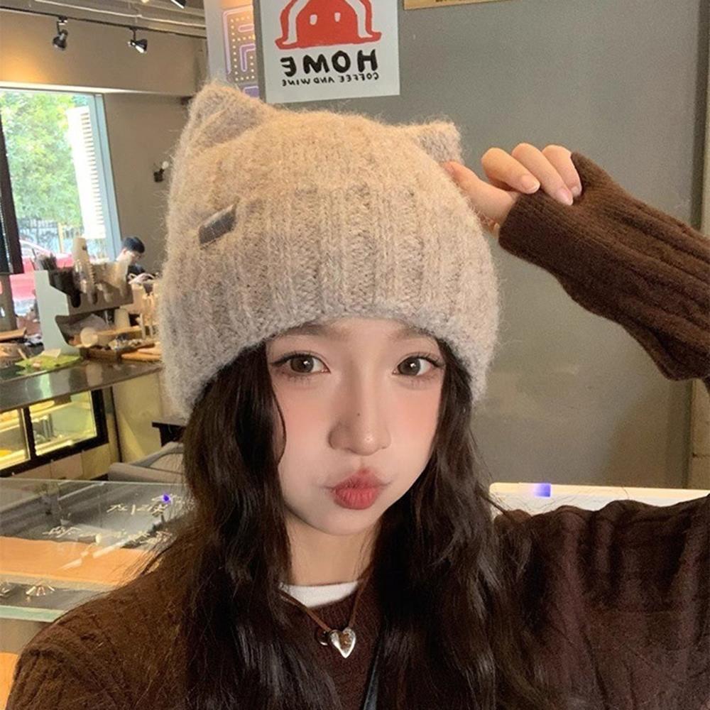 Korean Cat Ear Knitted Bonnet Beanies Cute Women's Winter Hat Woolen Crochet Hat Winter Women Hood Hat Fashion Warm Headwear Cap