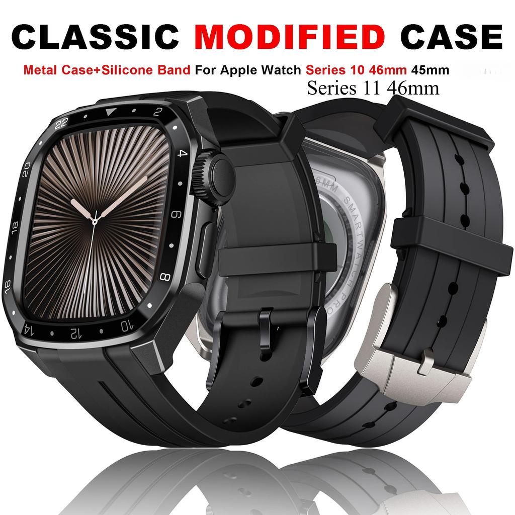 Custodia in Metallo+Cinturino in Silicone per Fasce Apple Watch 46mm 45mm Copertura Protettiva Antiurto Serie Iwatch 11 10 9 8