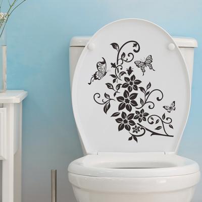Künstlerischer schwarzer Blumenranken mit Schmetterling Toilettensitz-Aufkleber Badezimmer Heimdekoration Selbstklebend Abnehmbare Aufkleber