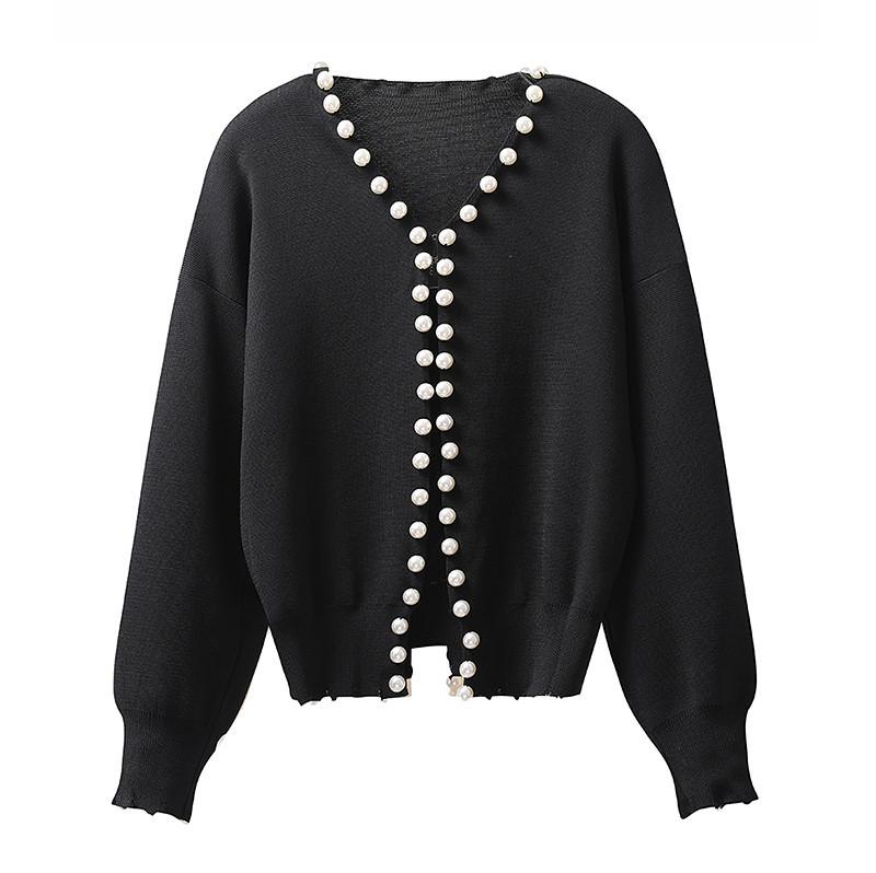 

Осень новый вязаный кардиган темпераментный благородный чувство дизайна жемчужная отделка свитер куртка женский one size fits all чёрный