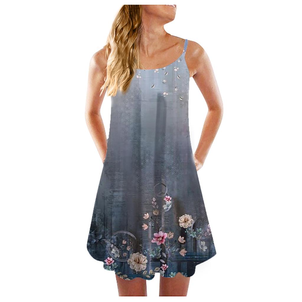 Women's Fashion Summer Casual Vest Sleeveless Retro Florwer Print Loose Tank Large Beach Dress
