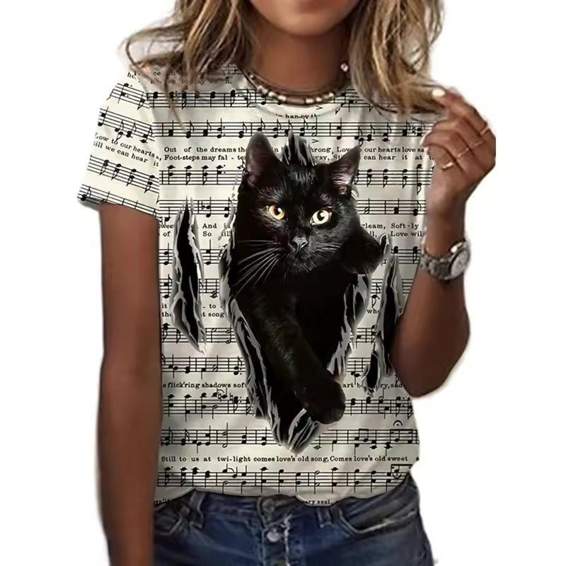 

Summer Casual Round Neck Short Sleeved Top 3D Printed Kawaii Cat Pattern Women s T-shirts 6XL