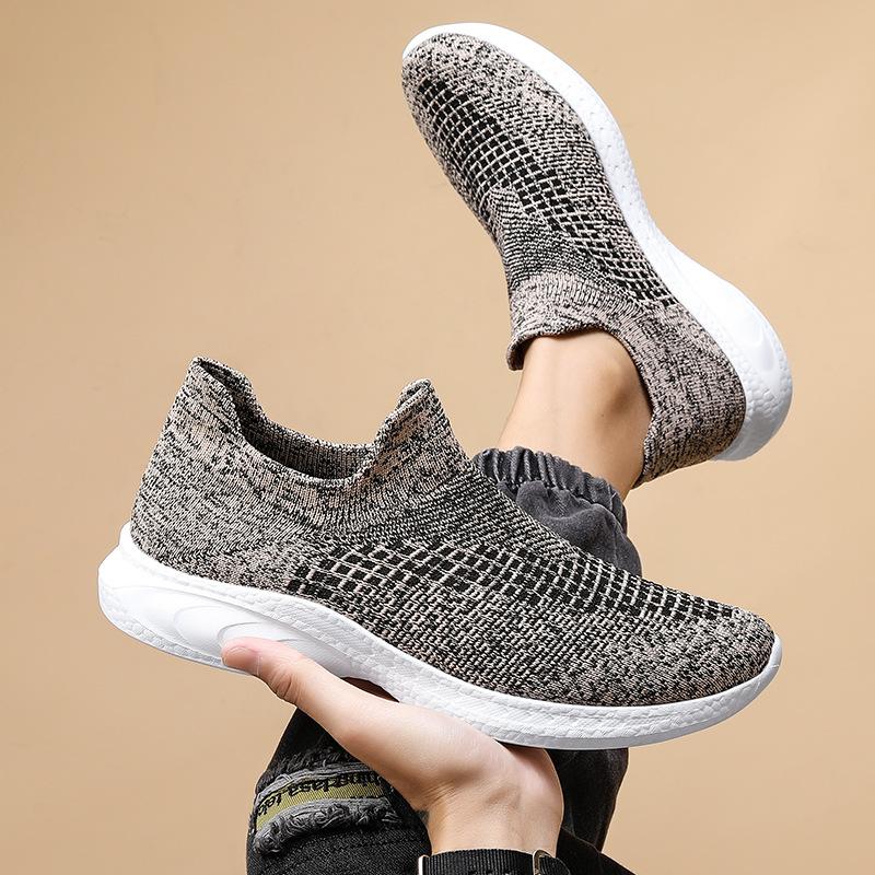 Large Size Fly-woven Lightweight Men's Shoes One-pedal Sports Shoes Casual Large Size Knitted Socks Shoes Soft Sole Dad Black Shoes