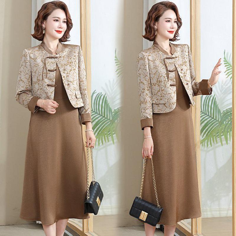 Elegant Spring & Summer Medium-Length Dress Suit: Women's Short Coat with Two-Piece Set for Middle-Aged & Elderly