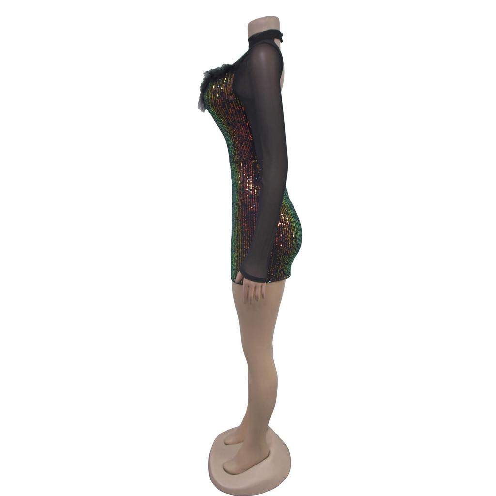 C7055 European & American Sequin Deep V Long Sleeve Mini Dress - Women's Fashion