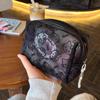 Cute Black Mesh Cosmetic Bag with Kitty Design, Portable Travel Makeup Organizer, Multi-functional Lipstick Pouch, Handheld Touch Up Bag