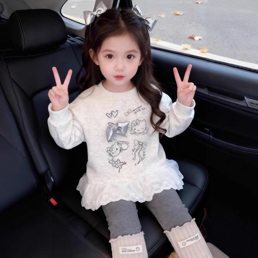 Frühlings- und Herbst-Mädchen-Kapuzenpullover mit Cartoon-KT-Katze und Spitzenbesatz