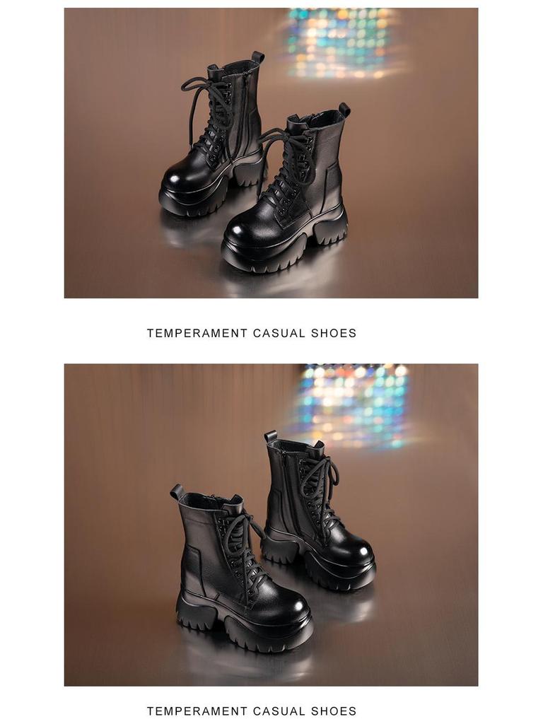 Women's Small Leather Martin Boots - Black British Style, High-Heel, Short, 2025 Autumn/Winter