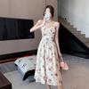 Romantic Coffee Break Dress Suspender Rose French Waist Floral Seaside Vacation Fairy Trendy