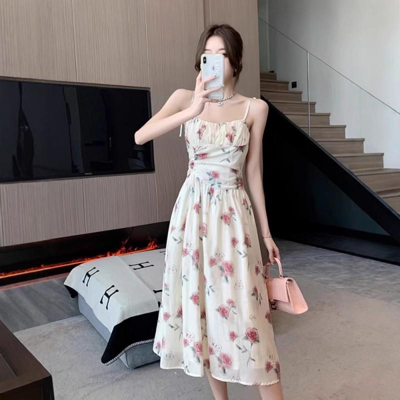 Romantic Coffee Break Dress Suspender Rose French Waist Floral Seaside Vacation Fairy Trendy
