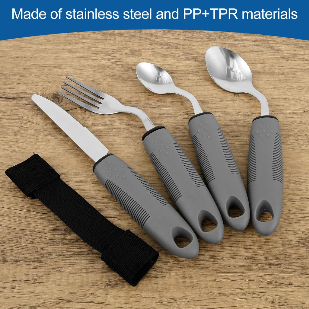 Set di posate adattive con manico testurizzato a presa facile, posate angolate con manico maggiorato, coltello, forchetta, cucchiaio per tremori alle mani, artrite, anziani