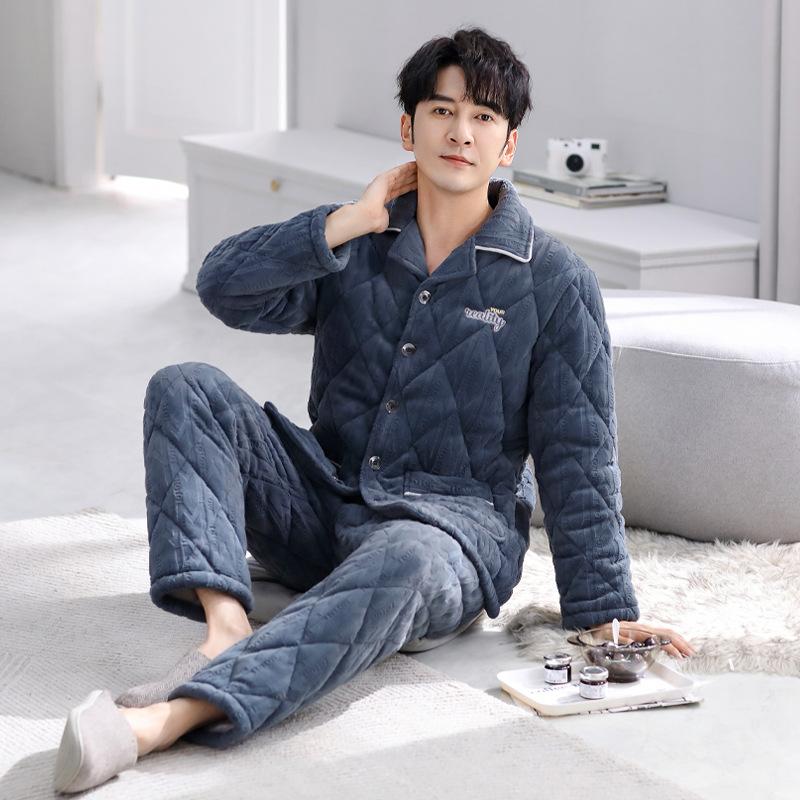 

Пижама мужская зимняя коралловый флис мужская утепленная трехслойный флис утолщенная теплая зимняя утепленная куртка фланелевая домашняя одежда 3XL