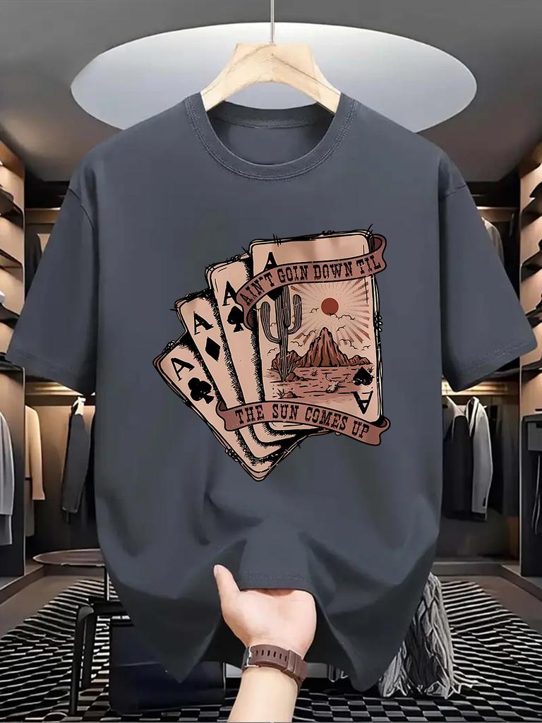 Men'S Casual Crew Neck T-Shirt with Playing Card Graphic,  Knit Fabric, Slight Stretch, Regular Fit, Summer Top for Daily Wear