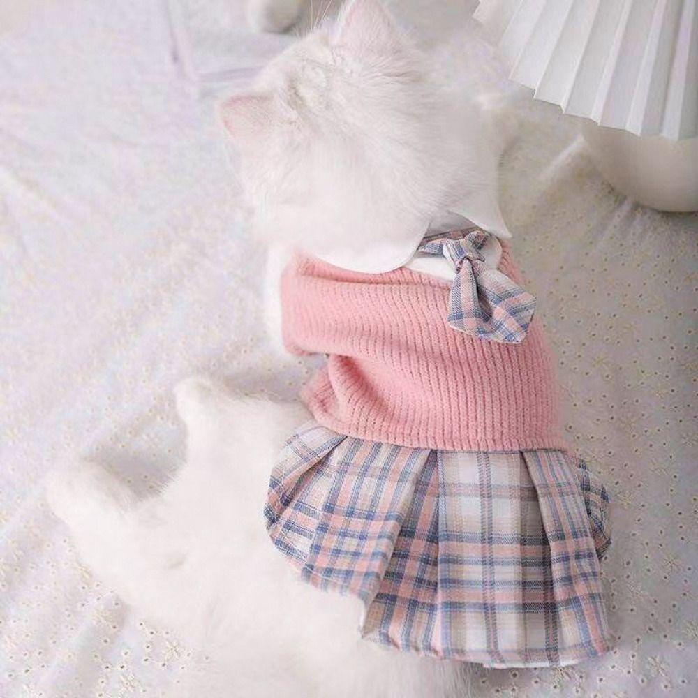 Knitted Pet JK Plaid Skirt Kawaii Dog Dress School Uniform Cat Clothes Small Medium Dogs