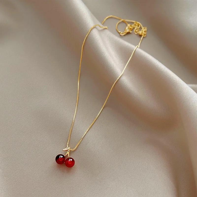 New Wine Red Cherry Gold Colour Pendant Necklace For Women Personality Fashion Necklace Wedding Jewelry Birthday Gifts