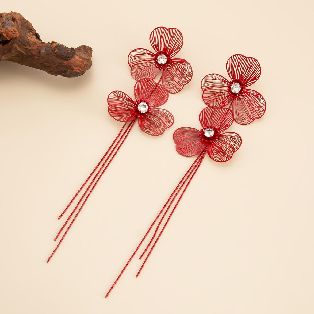 Retro Słodki i Fajny Styl Metalowe Czerwone Kolczyki Sztyfty z Kokardką Damskie, Czucie Designu Trójwymiarowy Kwiat Drip Oil Długie Kolczyki