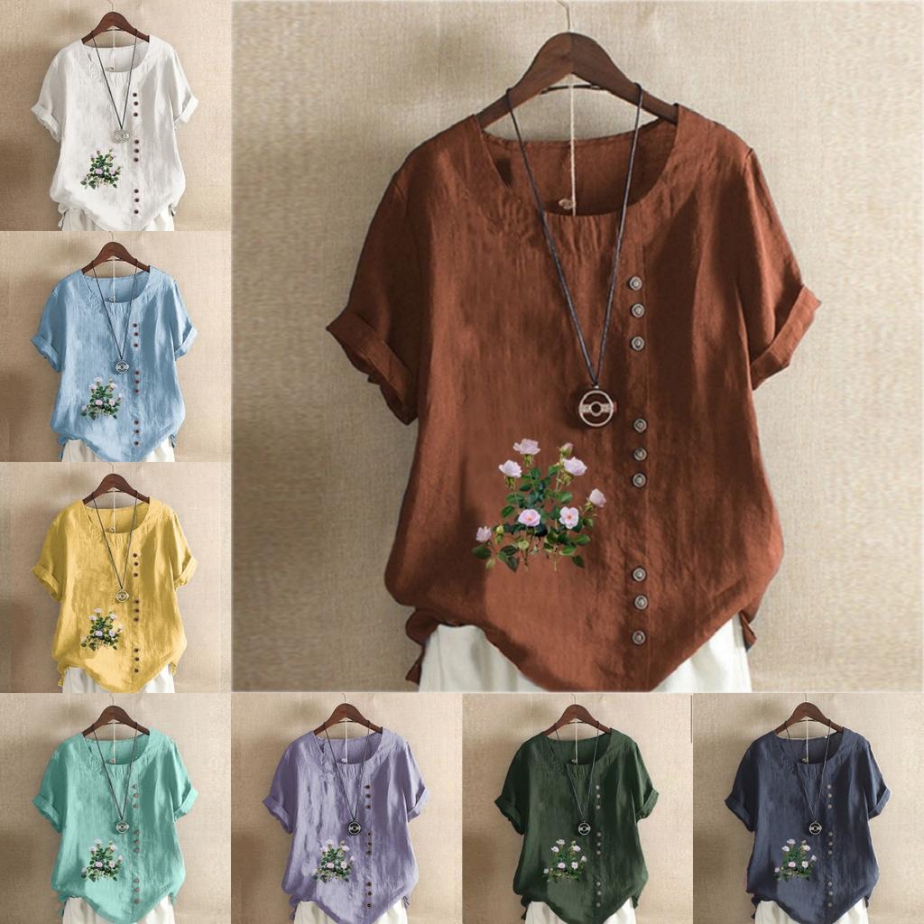 Women's Fashion Flower Prined Round Neck Short Sleeve T-shirt Casual Cotton Linen Graphic Shirt Leisure Loose Summer Blouse Tops