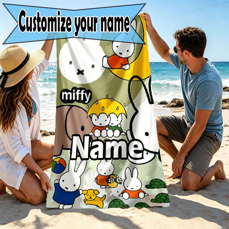 Custom Name Personalized Miffy Print Beach Towel, for Trip Camping Beach Party Home Decor, Birthday Gift for Family & Friends