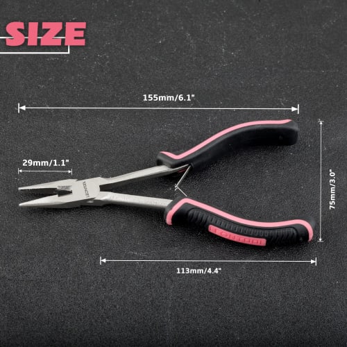 LEONTOOL Mini Long Nose Pliers, Long Reach, Slim, Pink, Women's Size, Miniature, Lightweight, Non-Slip, Serrated, Grooved, Cutting Blade, Effortless f