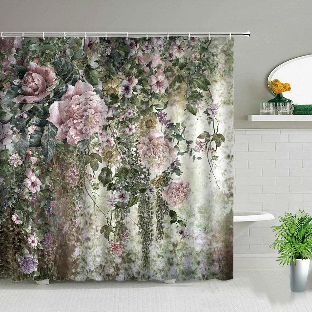 Flowers Plant Shower Curtains Beautiful Flower Purple Bathroom Decor Bathroom Screen Polyester Frabic Waterproof Cloth Curtains