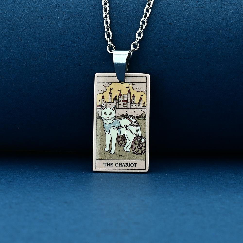 Stainless Steel Cat Tarot Card Necklace for Men Women Animal Divination Jewelry Accessory
