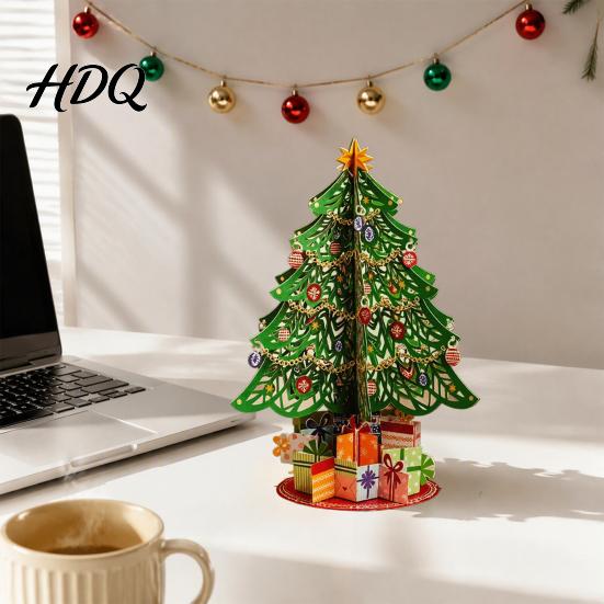 Office Desktop Christmas Ornament 3D Puzzle Paper Tree Decoration Holiday Ornaments Festive Party Table Centerpiece with Star Topper And Gift Box for