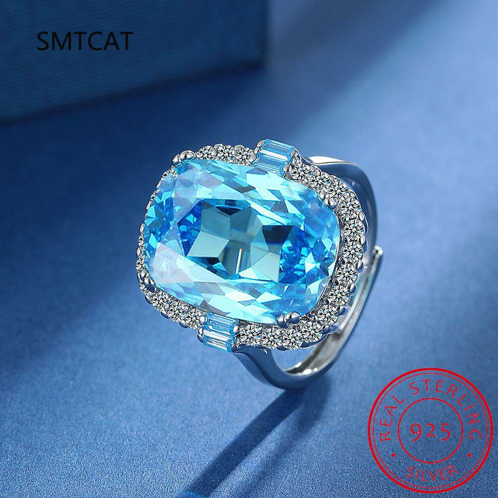 Emerald Cut Natural Blue Topaz 925 Silver Ring Adjustable for Women Solitaire Gemstone Fine Jewelry Anniversary Gift resizable