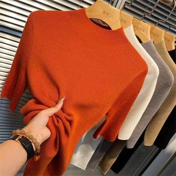 Spring and Autumn thin semi-turtleneck bottoming shirt women's half-sleeved knitted sweater new five-quarter-sleeved slim-fitting foreign-style medium