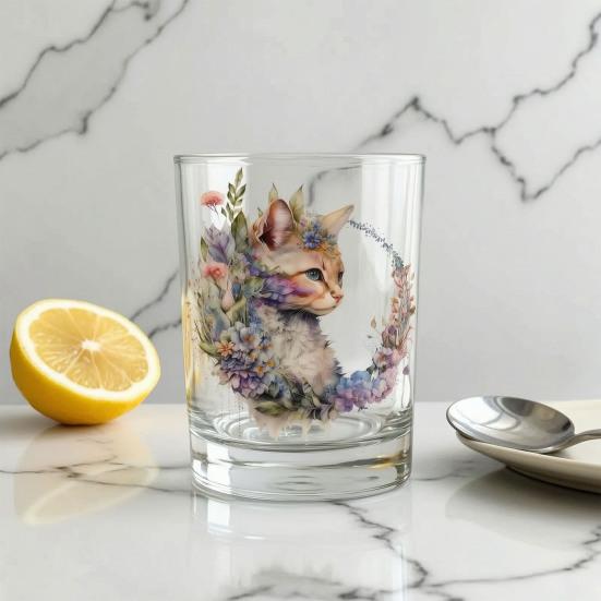 Cute Cat Floral Glass, Juice Coffee Cup, Milk Tea Glass Mug, Artistic Whiskey Coffee Mug for Home Bar, Gift for Cat Lovers