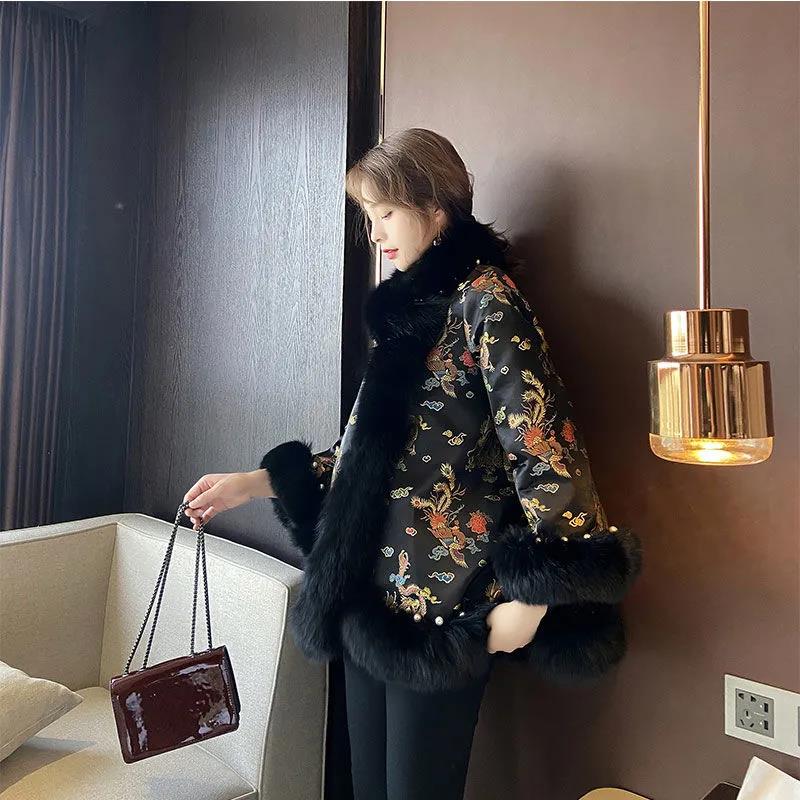 Châle Style Chinois Hivernel Fausse Fourrure Dragon Soie Phénix Image Cape Bouton Perle Chaud