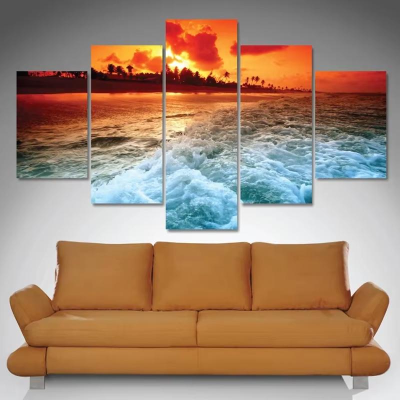 5 Stück Cleopatra Ozean Leinwandbild Wandkunst Oranger Himmel Ozeanstrand Multi Türkei Sandstrand Sonnenaufgang Wanddekoration Ohne Rahmen