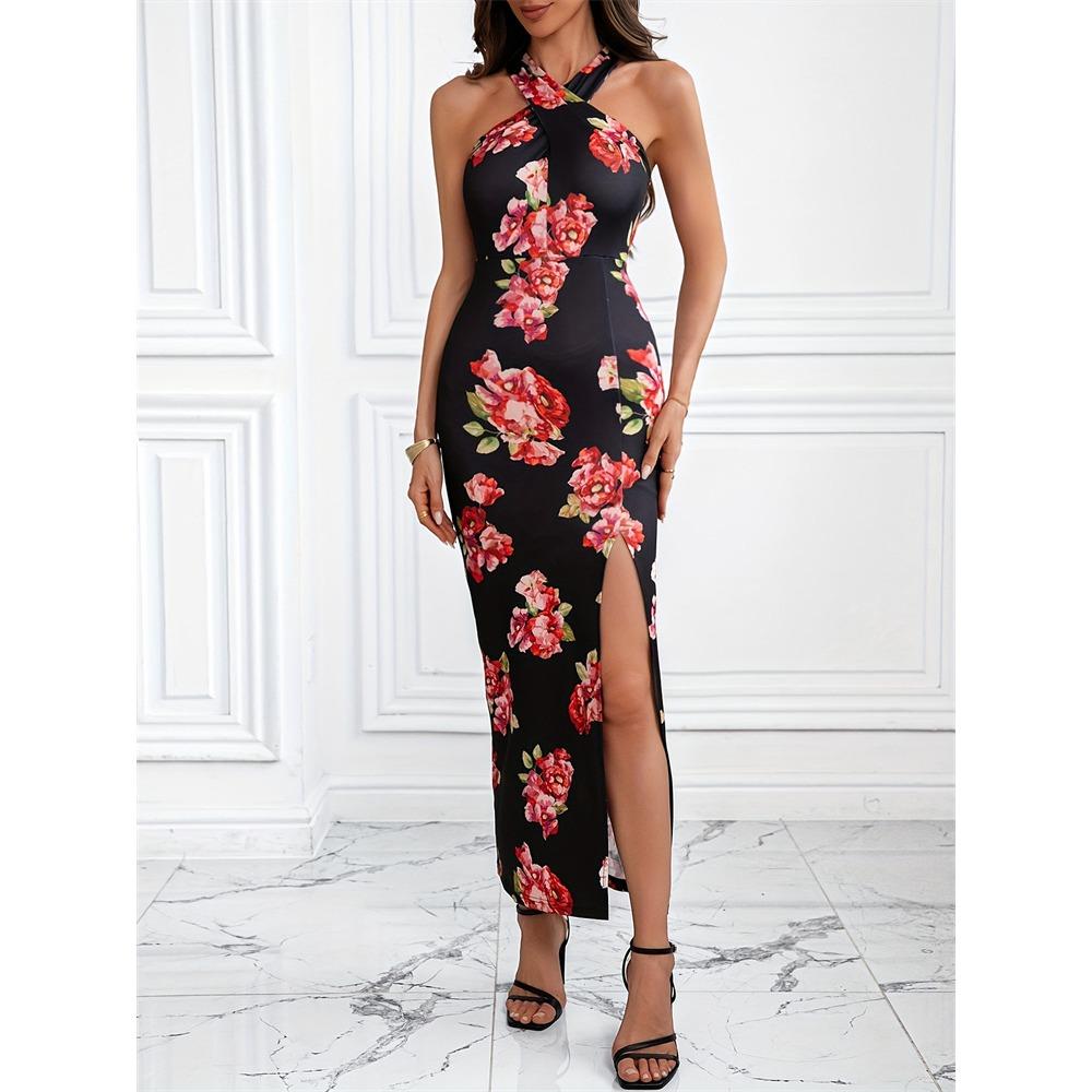 European and American summer new slant shoulder printing hip wrap dress high split dress long dress European and american code s