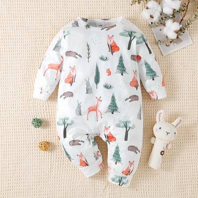 Infant Baby Cartoon Forest Animal All-over Print Casual Long Sleeve Romper