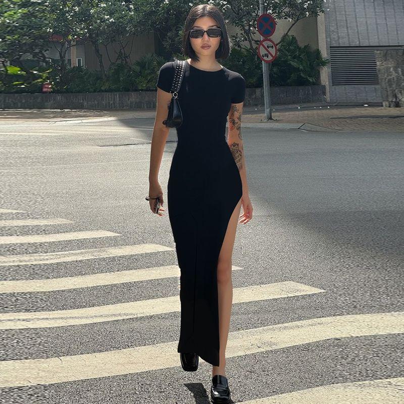 

Black Fashion Temperament round Neck Short sleeve Dress 2025 Summer New Gyaru Sexy Side Slit Sheath Long dress Black S