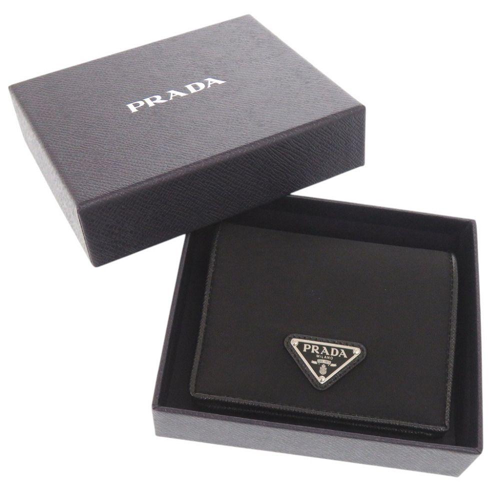 Used Like New Prada Triangle Logo Nylon Saffiano Leather Black Bi-fold Wallet Black 1741 PRADA