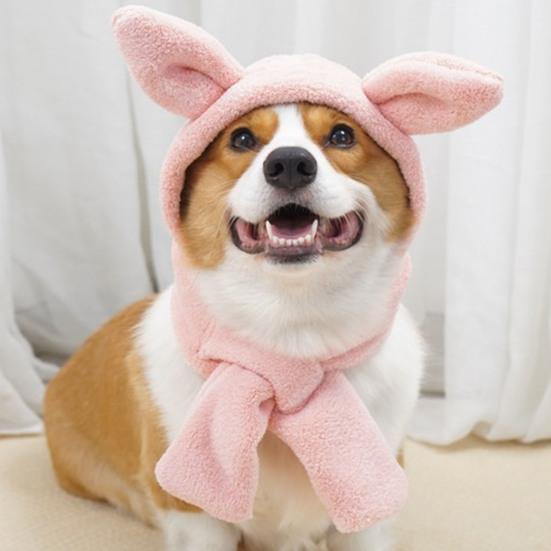 Comfortable Winter Dog Hat Scarf Coral Fleece Cat Headgear with Three-dimensional Ears Pet