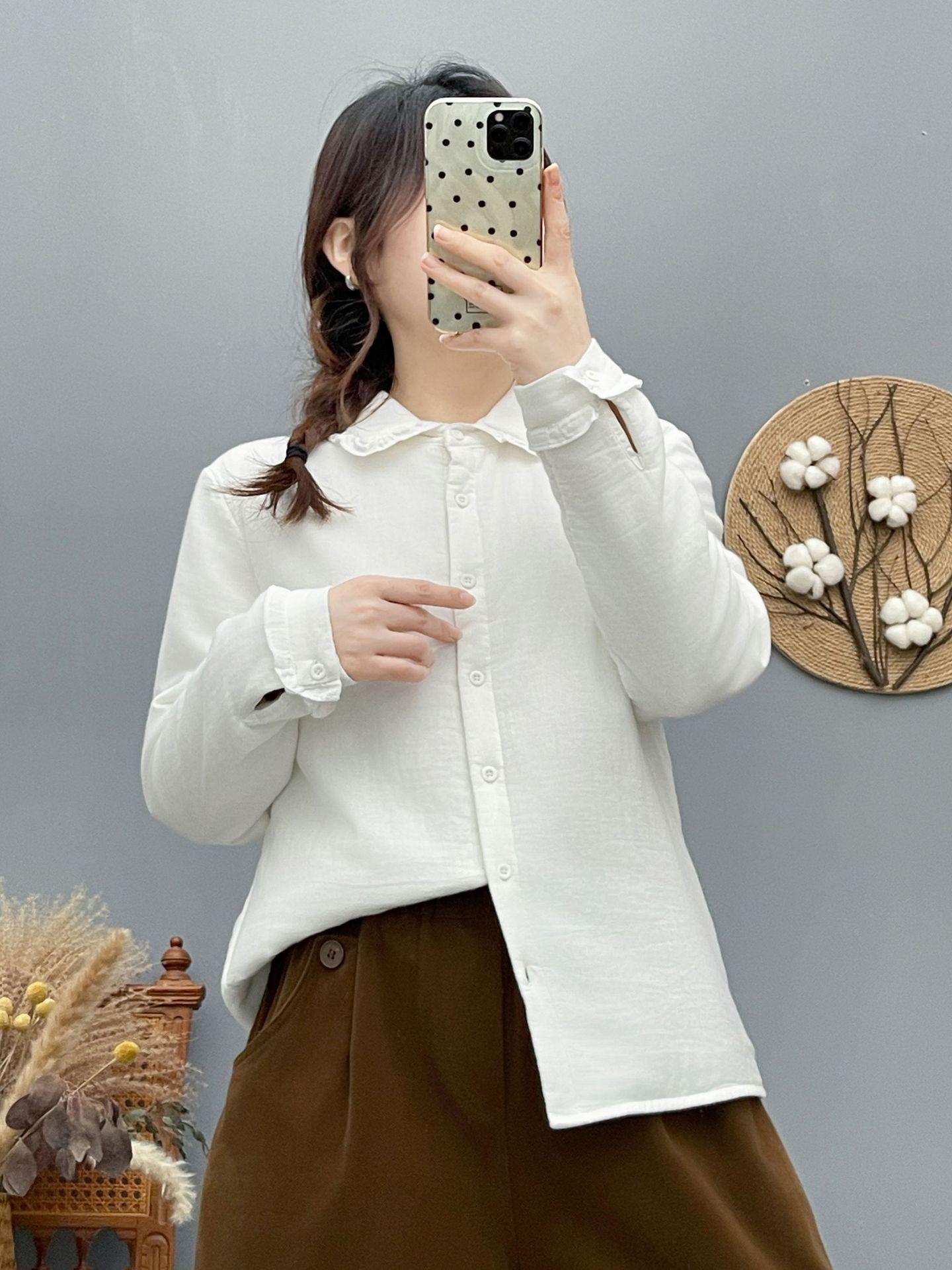 2025 Winter Women s Cardigan: Velvet-Trimmed, Ruffle Lace Collar, Long Sleeve Padded Shirt XL белый