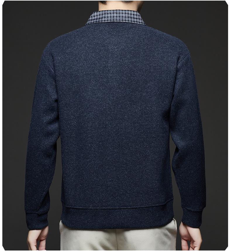 2025 Fall/Winter Men's Faux Two-Piece Sweater - Plus Velvet, Solid Color, Warm Knit Base Layer for Middle-Aged Dads