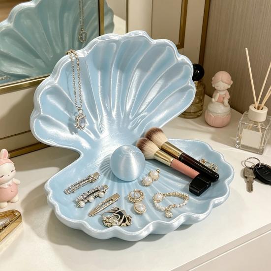 3D-Printed Shell Shape Jewelry Organizer Tray Pearl Luster Desktop Storage Decoration for Earrings Rings Bracelets Lipstick Gift
