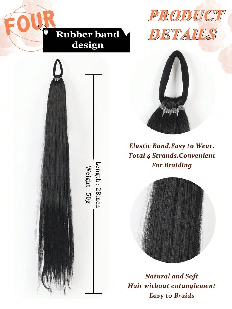Synthetic 28 Inch Braided Ponytail Extension Long Straight With Rubber Band Braided Ponytail For Women's Daily Use